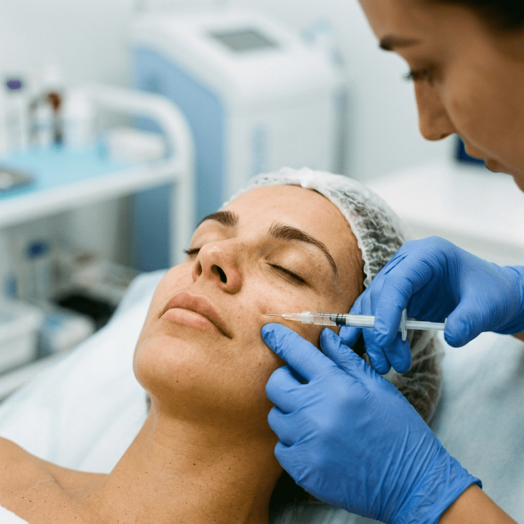Close-up of a woman with eyes closed receiving an injection in her cheek by a gloved medical professional